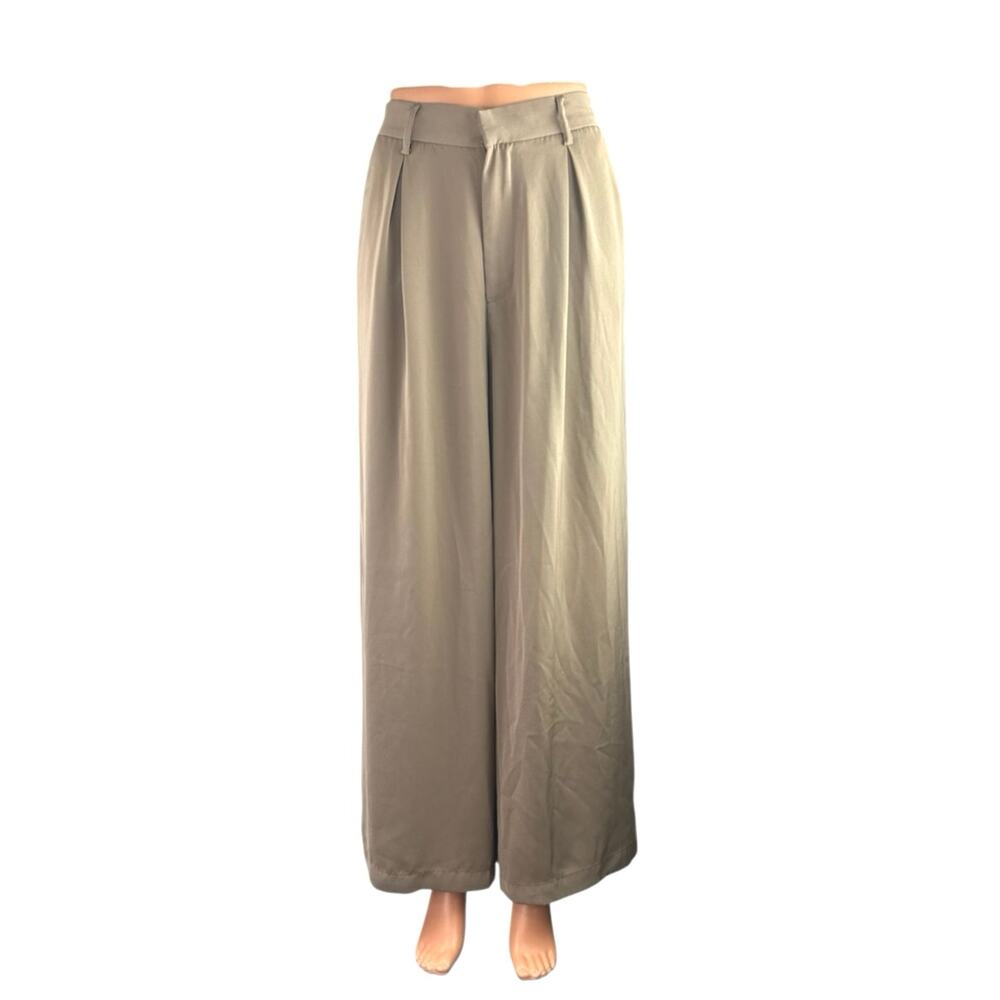 Tronjori Women's Beige Pleated High Rise Palazzo Wide Leg Trousers Dress Pants S